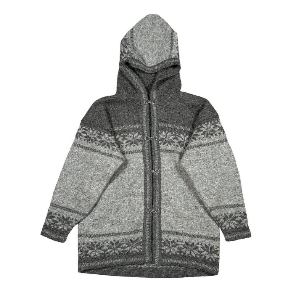 Vintage Fair Isle Nordic Winter Gray Hooded Cardigan Wool Men's M or L (approx)